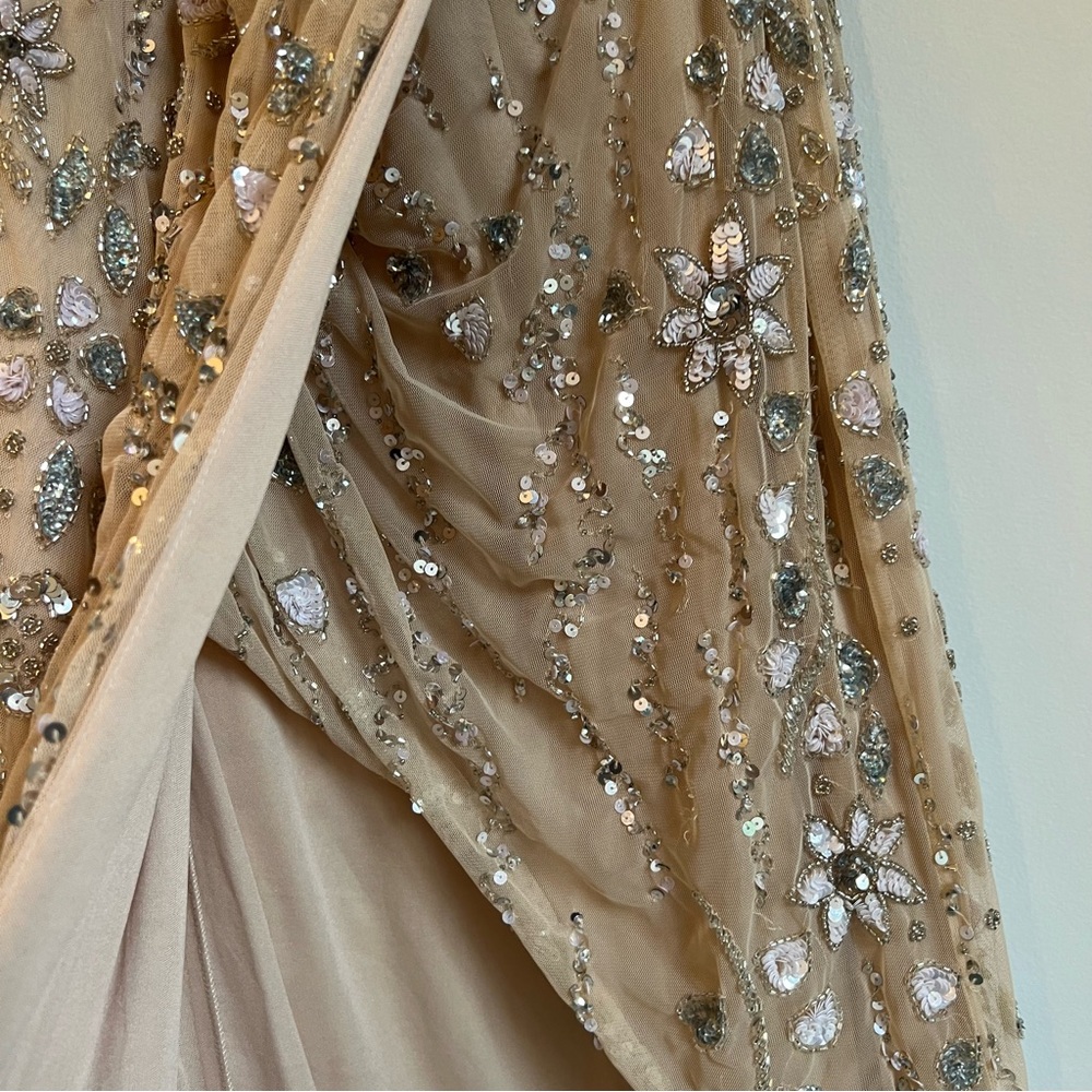 Mac Duggal Embellished One Shoulder Draped Maxi Gown Nude & Silver | Size 8 - Picture 11 of 16
